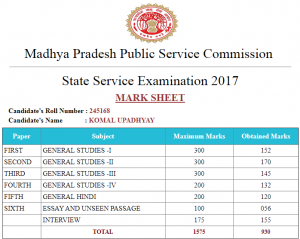 MPPSC Topper's Interview : Komal Upadhyay Marksheet